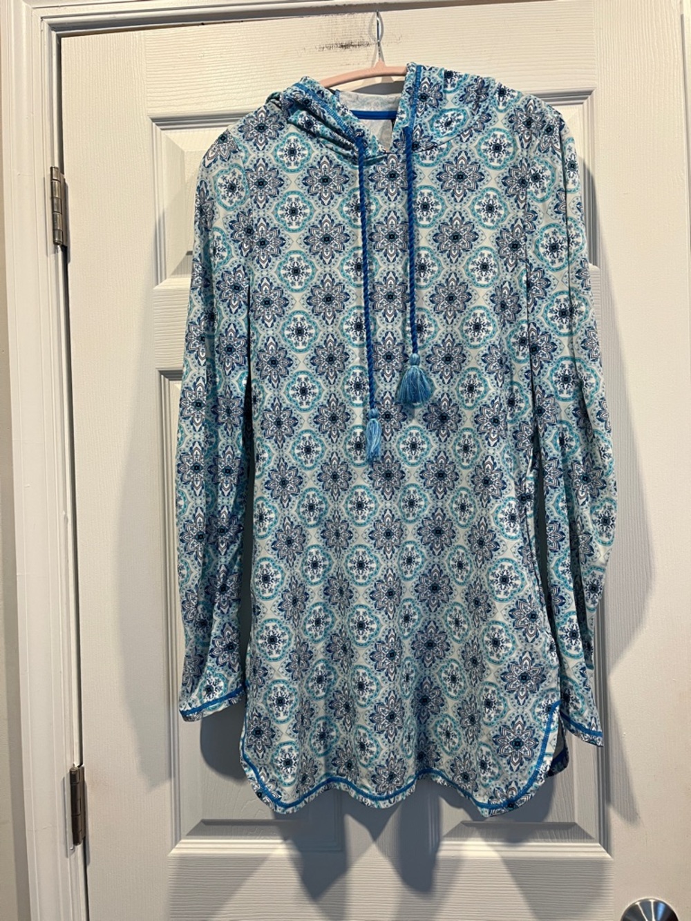 Aqua Et Sol Women's Blue Mosaic Hooded Swim Coverup Beach Sailing‎ Size S